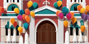 Arcos de globos adornando una iglesia elegante