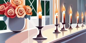 Arreglo floral con velas y elementos religiosos en mesa festiva