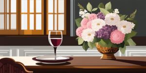 Centro de mesa con copa de vino, hostia sagrada y flores blancas
