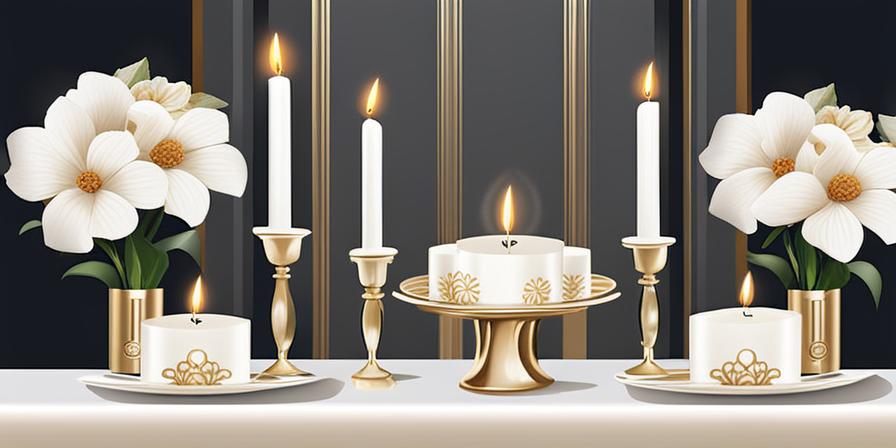 Centro de mesa elegante con flores blancas y velas