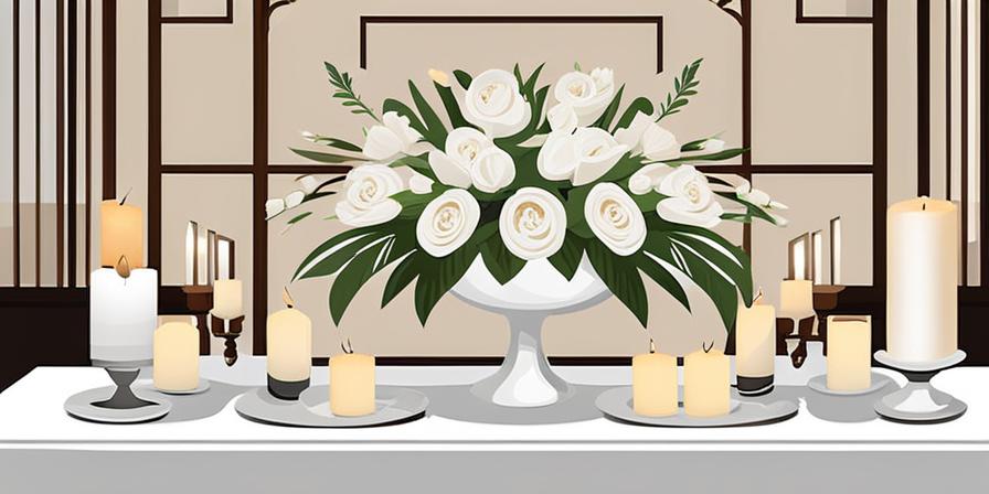 Centro de mesa con flores blancas y velas