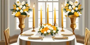 Centro de mesa con flores blancas y velas doradas