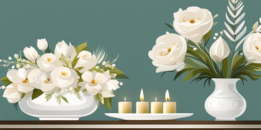 Centro de mesa con flores blancas y velas, perfecto para ocasiones elegantes y festivas