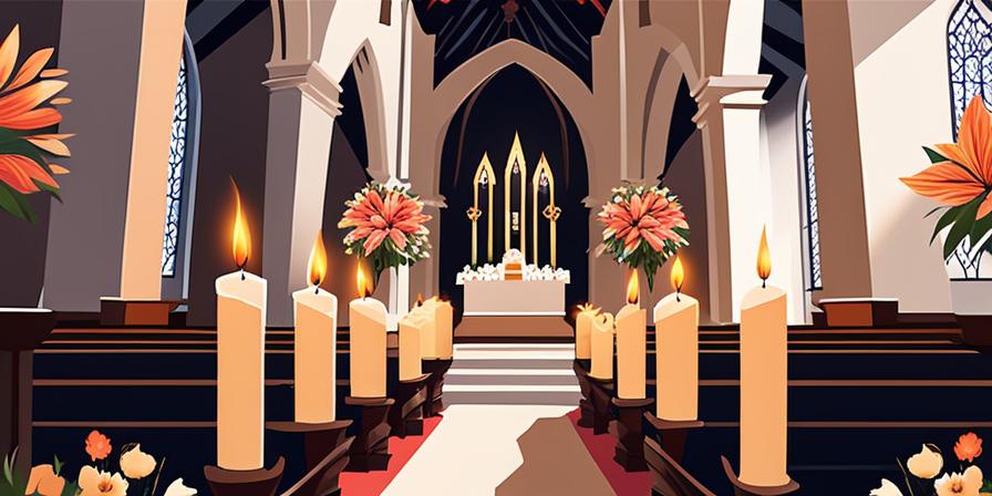 Iglesia decorada con flores y velas, ambiente emotivo