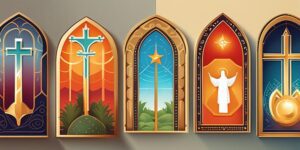 Mosaico religioso vibrante y creativo con elementos sagrados