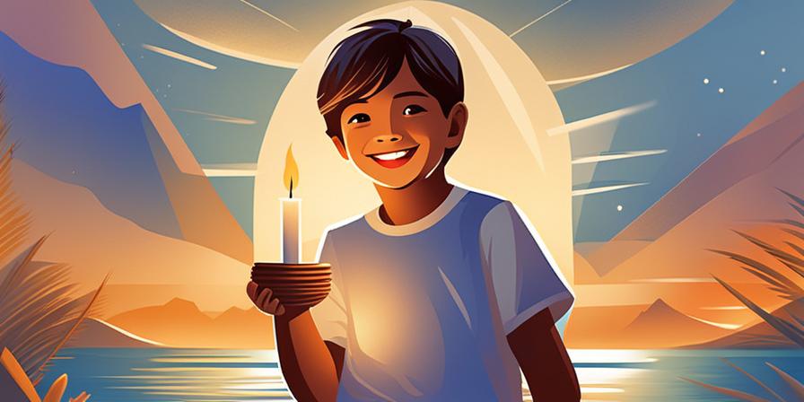 Niño emocionado con una vela encendida en la mano, rodeado de familiares felices