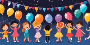 Niños felices en una fiesta con globos y confeti
