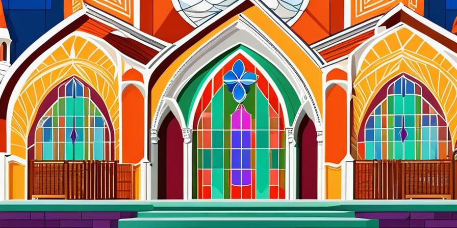 Iglesia pintada con colores vivos y elementos religiosos