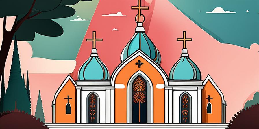 Ilustración de una iglesia con ángeles y palomas