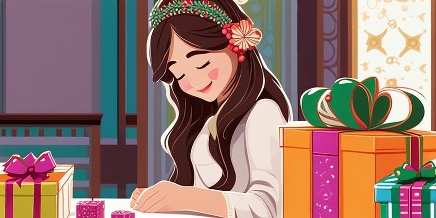 Una niña sonriente rodeada de cajas decoradas en una mesa festiva