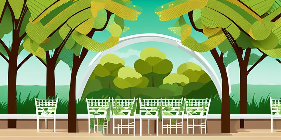 Mesa de primera comunión al aire libre con decoración temática, rodeada de árboles verdes en un día soleado