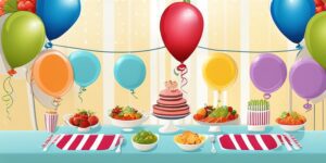 Mesa festiva con globos, deliciosa comida y niños sonrientes