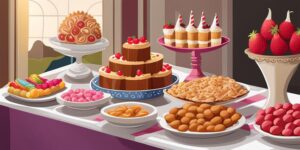 Mesa con dulces y snacks coloridos para comunión