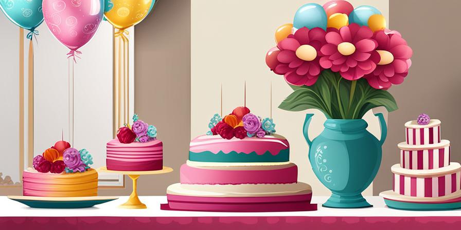 Decoración de mesa elegante con globos, flores y torta decorada