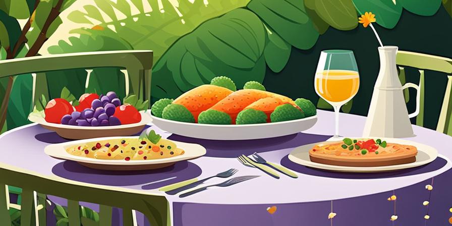 Mesa festiva con platos de comida coloridos en un jardín