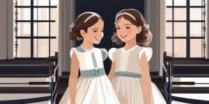 Dos niñas felices vestidas de blanco con velo