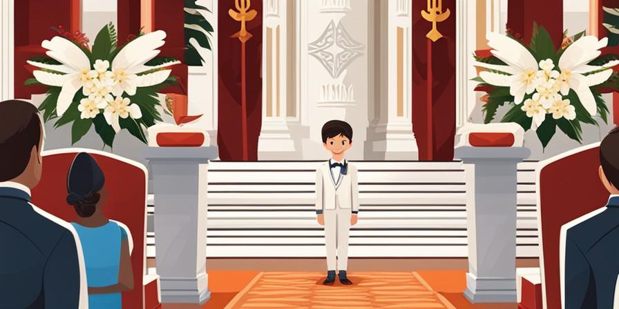 Niño sonriente con traje blanco frente al altar