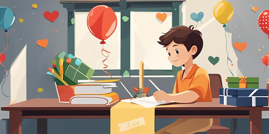 Niño feliz rodeado de regalos y globos, escribiendo una carta