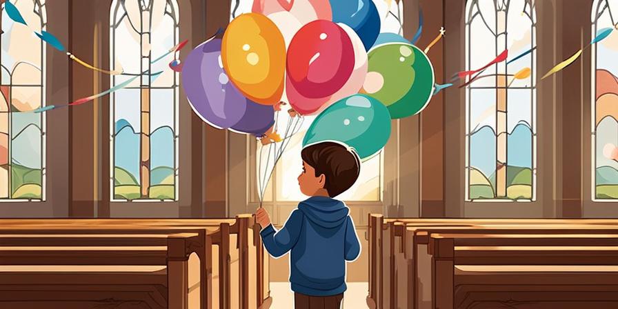 Niño sosteniendo globo en iglesia decorada
