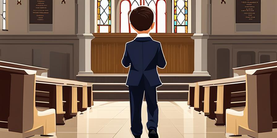Niño en traje de Primera Comunión rezando en una iglesia