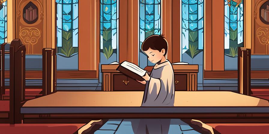 Niño rezando con una Biblia en un altar