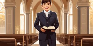Niño sonriente con traje de comunión sosteniendo una biblia