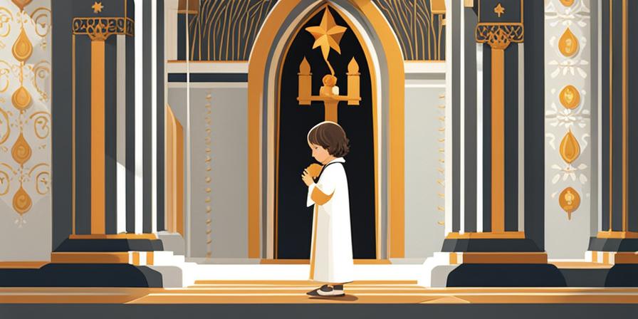 Niño con rosario y símbolos religiosos