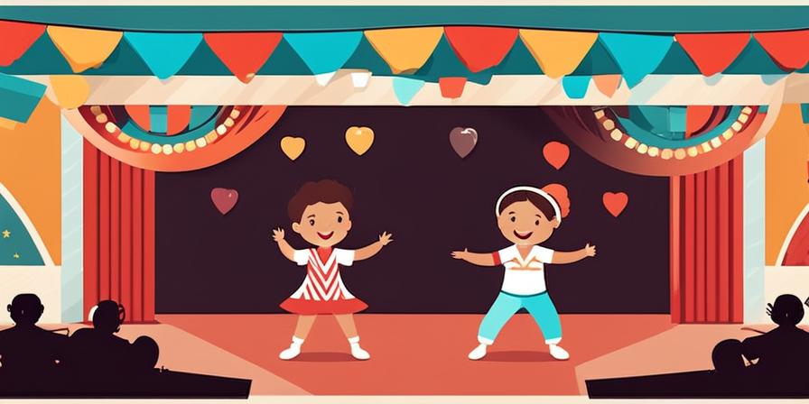 Niños cantando y bailando en un escenario colorido