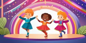 Niños felices cantando y bailando en un escenario colorido