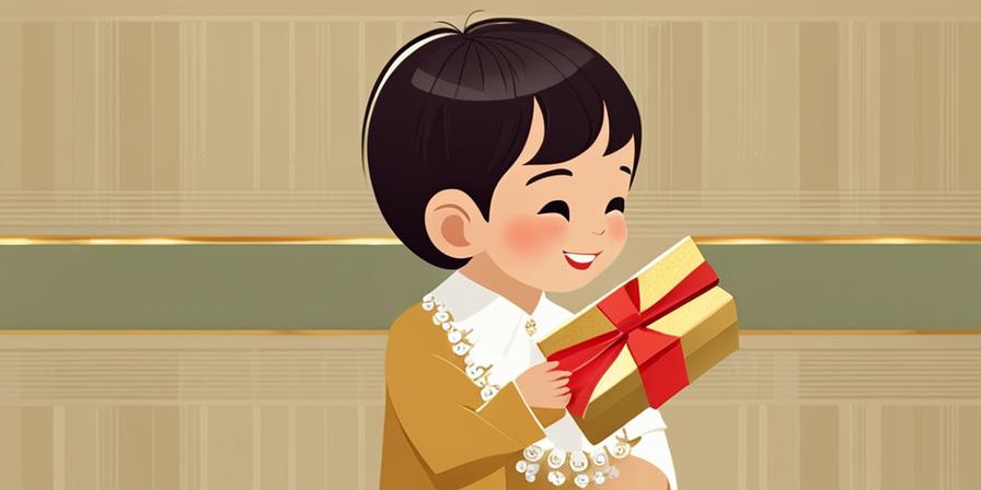 Niño feliz con cruz dorada y regalos emblemáticos