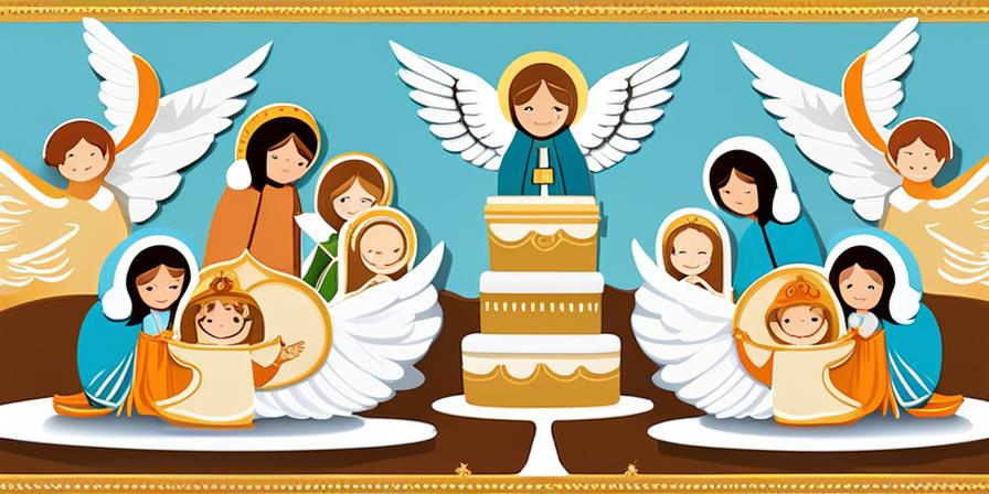 Tarta religiosa con angelitos y símbolos divinos
