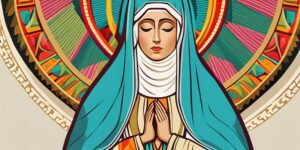 Virgen rodeada de símbolos religiosos y colores vivos